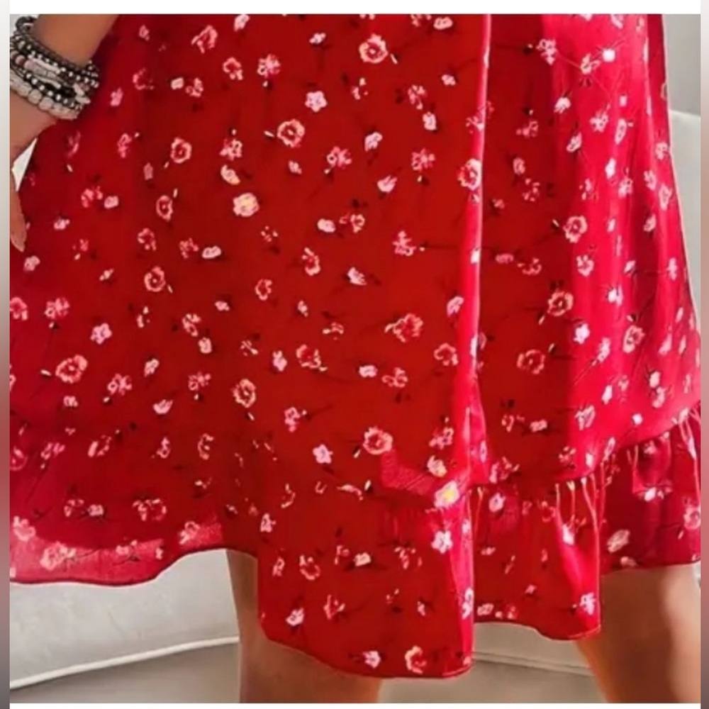 Boho Red Floral Ruffle Cap Sleeve V-Neck A-Line Swing Mini Sundress NWOT - Picture 6 of 14